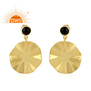 Dark <b>Black</b> Onyx Gemstone Wavy Disc <b>Gold</b> Plated Silver <b>Earring</b> Jewelry for Women Gift for Her Vintage Collection - Product Image 1