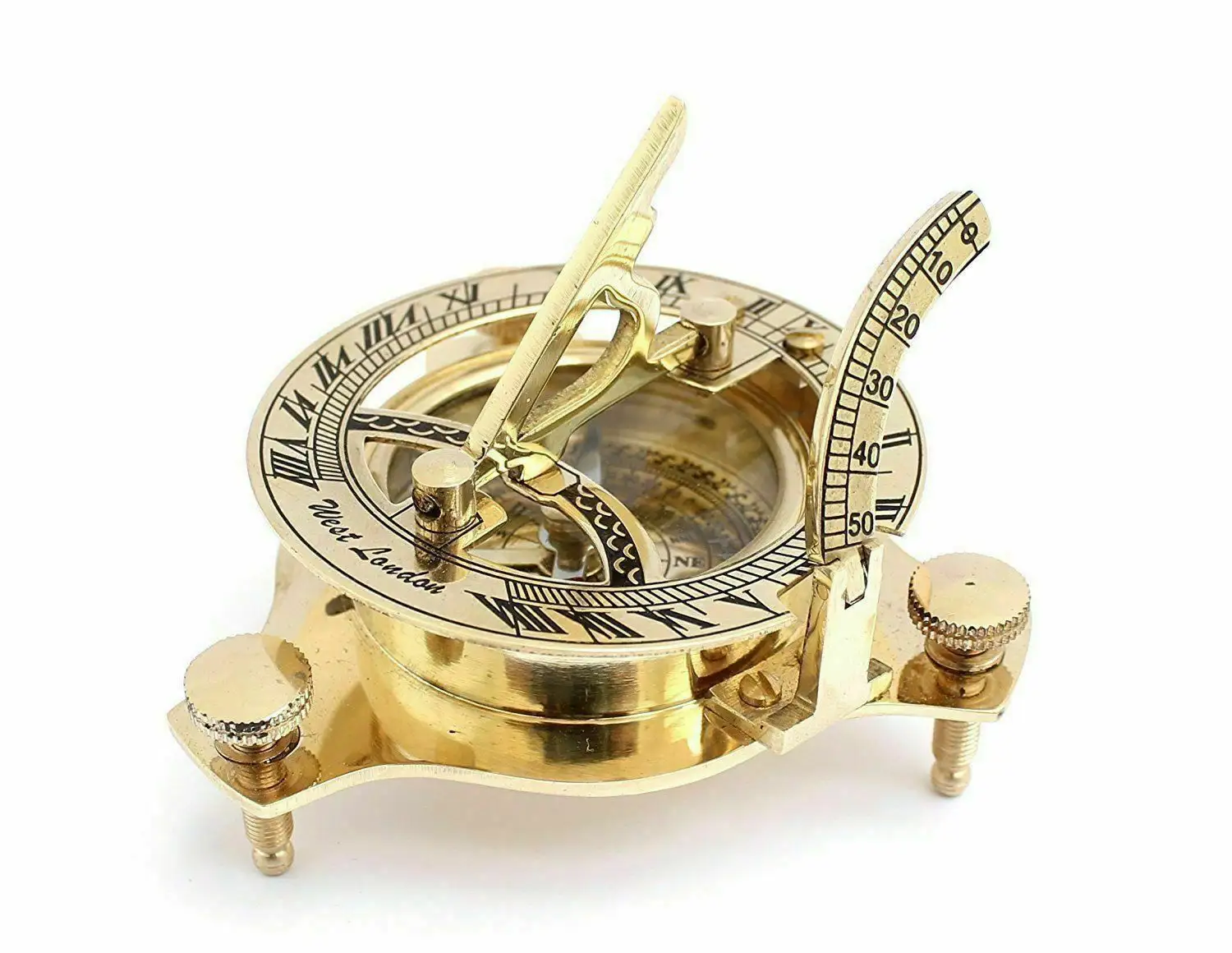 Kompas Sundial Kuningan/Kaca, Bahari Antik Kompas Sundial dengan Kotak Kayu