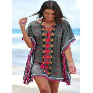 Summer Women Fashion Kaftan Embroidered Short Sarong Tunic Indonesian Style Resort Wear Stylish Robe With Pom Pom Trim & Lace