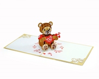 Tarjeta de San Valentín 3D Pop-Up con Oso de Peluche Sosteniendo un Corazón Rojo, Diseño Recortado, Acabado Mate, Tarjeta de Felicitación de Papel