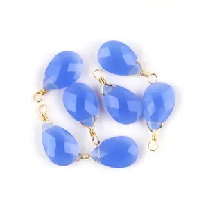Top quality checker cut blue chalcedony single bail connectors gold plated wire wrapped gemstone connectors for making jewelry