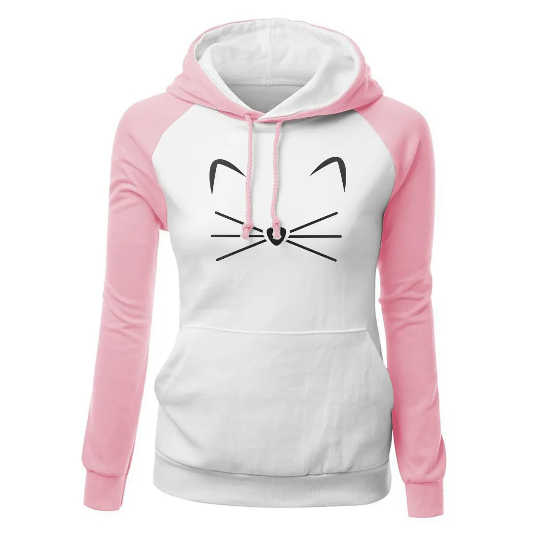 Mới Đến Mùa Thu Mùa Đông Mỏng Raglan Hoody Giản Dị Mèo Kawaii Phim Hoạt Hình In Dễ Thương Thể Thao Hoodies Đối Với Phụ Nữ Áo