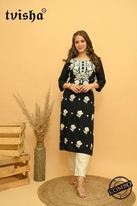 สีเขียวธรรมชาติของงานปักหนัก Kurti พร้อมกางเกงชุดคอมโบ,เรยอน Slub 14กก. ด้านบนและด้านล่างโดยรอยัลส่งออก - Product Image 5