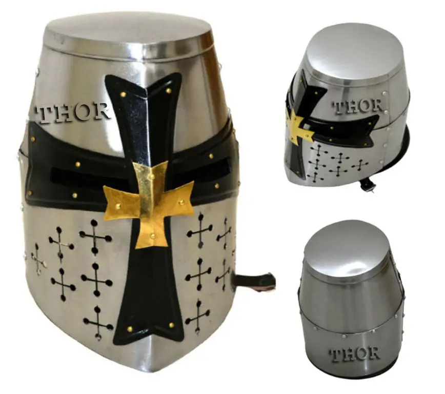 Средневековый доспех рыцарь крестовый шлем с деревянной подставкой черный крест мужской доспех шлем серебряного цвета