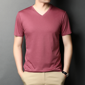ผ้าที่กำหนดเองผู้ชายธรรมดาสีทึบคอวีแขนสั้นสลิมฟิตเสื้อยืด - Product Image 4