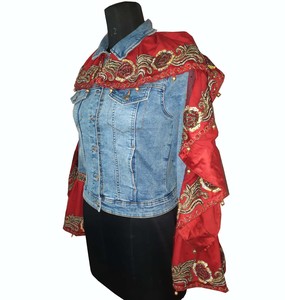 <b>Women's</b> Denim Trucker <b>Jacket</b> With Red Embroidered Cape Floral Pattern Turn-Down Collar Full Sleeve <b>Spring</b> Style - Product Image 6