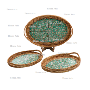 Plateau à Dessert en rotin et nacre ensemble de trois plateaux de service à thé et café de forme ovale pour accessoires d'hôtel - Product Image 3