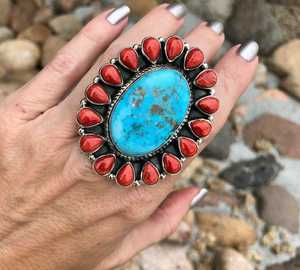 Anillo de joyería fina de piedras preciosas de Coral y turquesa de ley sólida 925, anillos de moda, anillos antiguos para mujer, mayorista de plata - Product Image 1