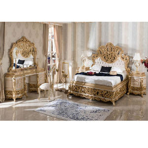 Ensemble de meubles de chambre à coucher classique en bois sculpté à la main, finition or, blanc impérial, style moderne, lit queen-size, Canada - Product Image 1