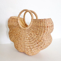 Sac en jacinthe d'eau en forme de demi-fleur, sac de plage en paille rond à anneau pour femmes, vente en gros au Vietnam