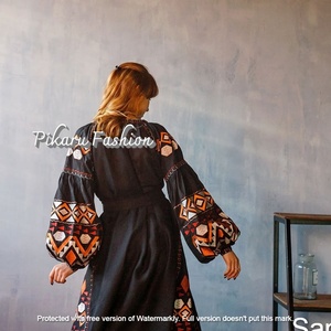 Ropa de primavera ecológica para mujeres indias, manga larga abullonada, elegante cuello en V, bordado a mano, vestido ucraniano tejido en Europa - Product Image 6