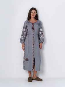 2022 nuevo algodón ucraniano Vyshyvanka bordado diseños patrón Floral Lino manga larga Maxi vestido drapeado volantes para otoño - Product Image 4