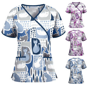 2 colores 6 gato dibujos animados impreso cuello en V camiseta Tops XL enfermería Scrubs bolsillos principales Hospital cuidado laboratorio bata diseño OEM uniformes - Product Image 6