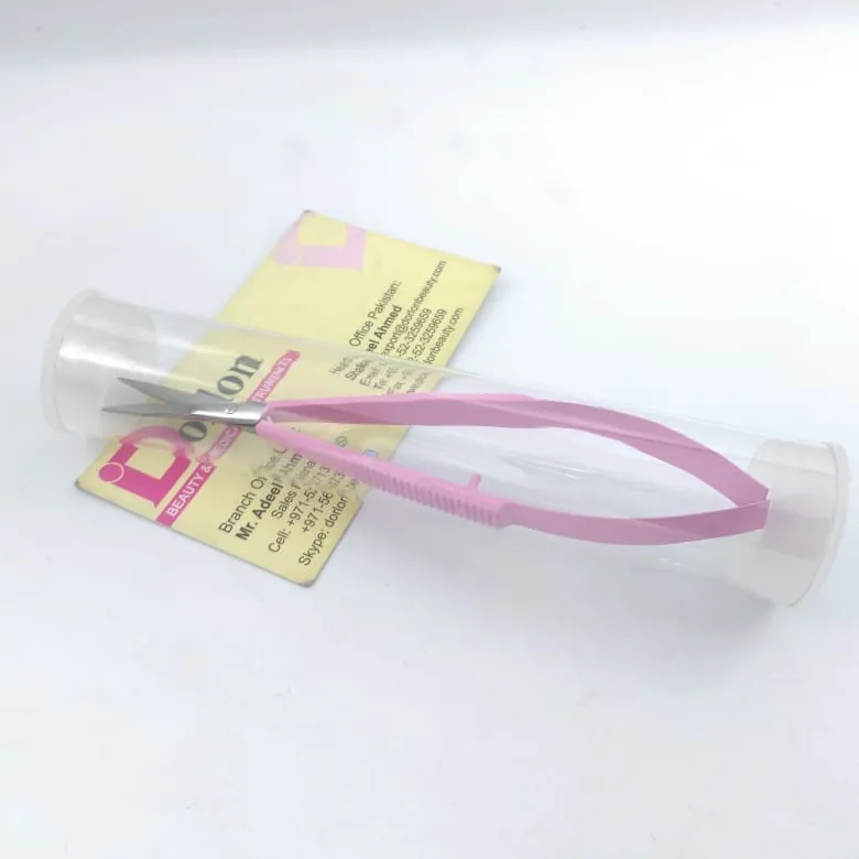 Eigenmarke hochwertige rosafarbene Wimpern Augenbrauen Feder-Schere Gerade Klinge Maniküre-Schere mit Kunststoffrohrverpackung
