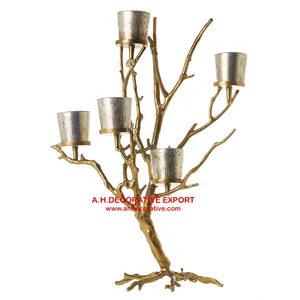 Gold Antique Tree Standing Branches Candle Holder with Glass Votive Unique Tree Candle Holder for Home Decoration