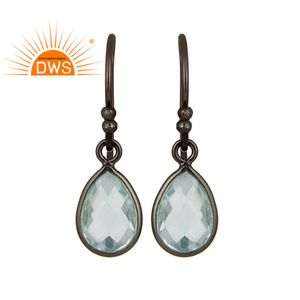 Conjunto de bisel de piedras preciosas de Topacio Azul, Pendientes colgantes al por mayor, rodio negro, proveedor de joyas de plata de ley 925 - Product Image 1