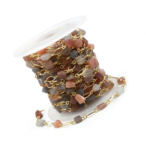 Peach & Gray Moonstone Nuggets Rosary Chain 10–12mm Brass 18K Gold Plated <b>Wire</b> Wrapped Gemstone Chain Sold by Foot - Product Image 3