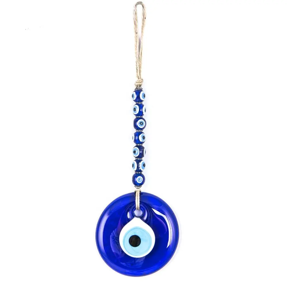 Linen Roped Wicker Weave Tasseled Triple 7 Cm Glass Evil Eye and Small Plastic Evil Eye Beaded Wall Hanging Ornament