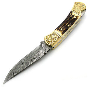 Cuchillo de bolsillo para acampar de acero de Damasco de alta dureza con mango de madera personalizable Cuchillos multifuncionales Bajo MOQ Soporte OEM - Product Image 1