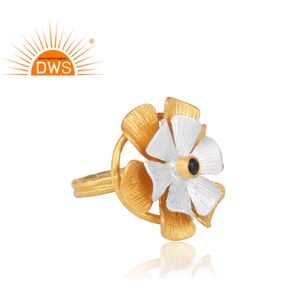 Bague en pierre précieuse d'onyx noir, bijoux de déclaration, Design floral, en argent fin, plaqué or, fabrication de bijoux - Product Image 3