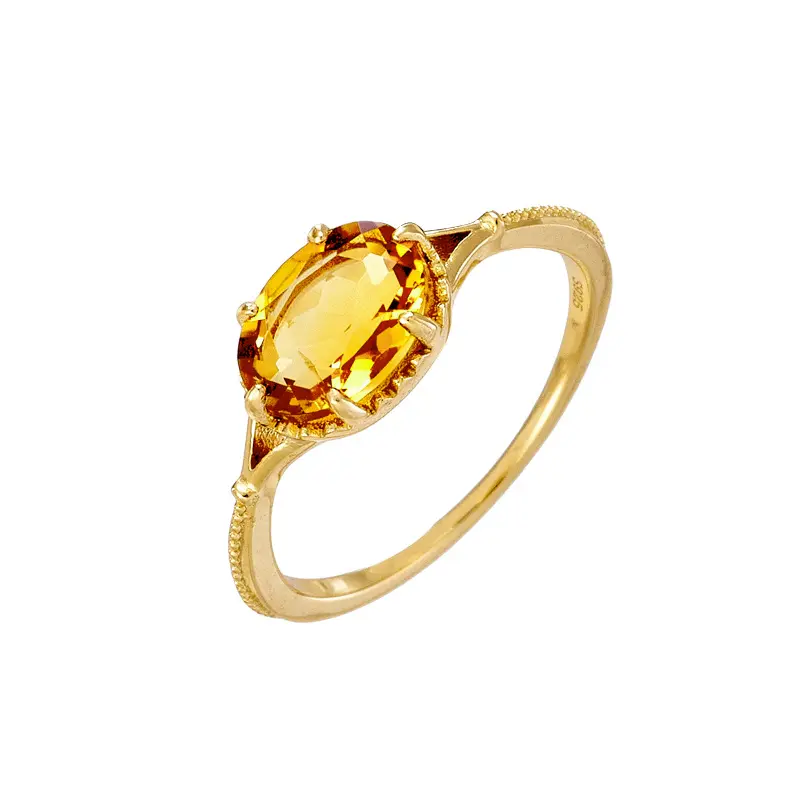Champagne Citrine 14K Gold Plated Cubic Zirconia 925 Sterling Silver Birthstone Ring Genuine Oval Citrine Gemstone Ring