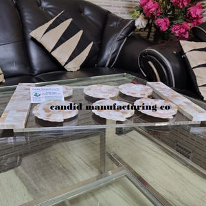 Custom Size Acrylic Tray with Mother of Pearl <b>Handle</b> Round Marble Coaster for Home Use Ramadan Gift Six Platter Tray - Product Image 1