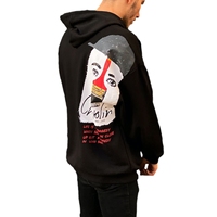 Büyük Beden %100 Pamuk 320 GSM Kışlık Erkek Chaplin Siyah Astarlı Kapüşonlu Sweatshirt Günlük Sokak Giysisi Kanguru Cepli Örme Baskılı