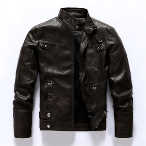 Veste en cuir PU enduite pour hommes avec col montant polaire matelassé fermeture éclair saison d'hiver vêtements de moto - Product Image 1