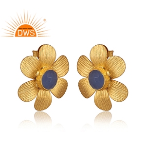 Pendiente de tuerca de flor de declaración chapada, joyería de moda, calcedonia dorada, piedras preciosas, latón, azul, pendientes de gota clásicos, ajuste de bisel DWS - Product Image 2