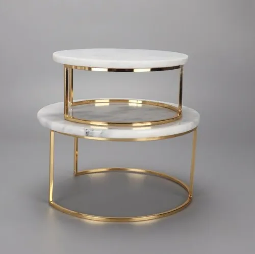 Support à gâteau en métal doré et marbre blanc Forme ronde Design décoratif moderne pour mariage, fête et restaurant