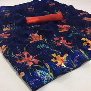 Vêtements de fête attrayants fleur imprimé travail coton Saree couleur Orange et chemisier non cousu femmes indiennes porter prix de gros vêtement - Product Image 5