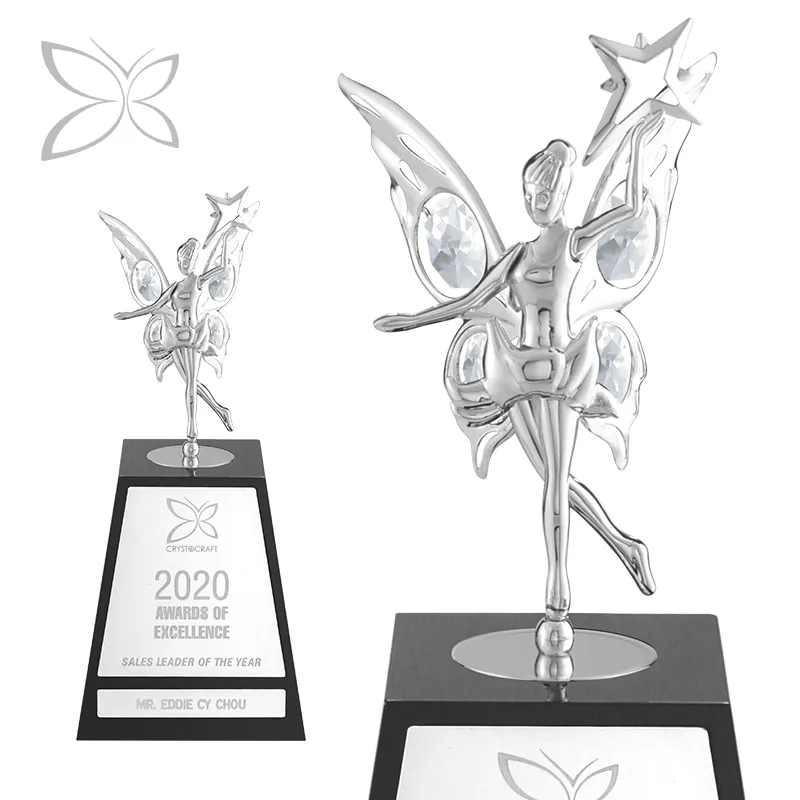 Custom Made Chrome Plated Fly Fairy With Star Award Trophy Decorated with Brilliant Cut Crystals Corporate Gift
