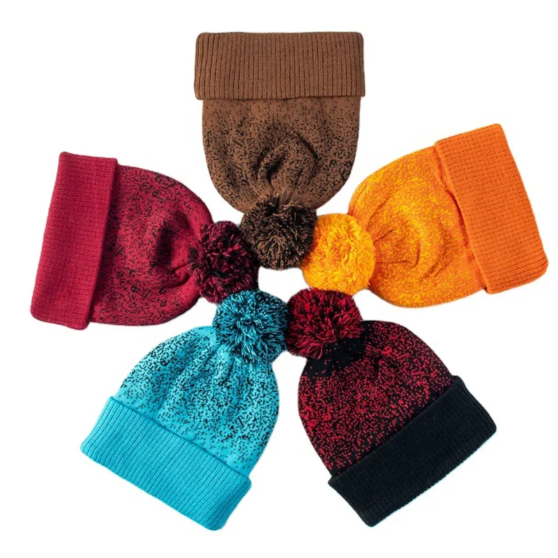 Small Order Low price 100% Acrylic Knitted High Quality Jacquard POMPOM Beanie caps