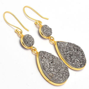 Wholesale 925 Sterling Silver Gray <b>Titanium</b> Druzy Drop Dangle Earrings Gold Plated Gorgeous Glitter for Weddings - Product Image 2