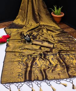 Banarasi soie Jacquard Saree avec chemisier femmes portent des dames fête Festival tenue quotidienne doux coton soie Sari en gros bas prix ApparelGarment - Product Image 2