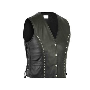 Ladies Casual Fashion-Meshed Genuine Sheepskin and Cowhide Leather Laced-Up Motorcycle Biker <b>Waistcoat</b> <b>Women</b> Vest - Product Image 1