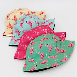 De gros imprimé animal chapeaux-Chapeau seau brodé unisexe avec imprimé de flamant rose, oiseau brodé avec Logo personnalisé, idéal pour la pêche d'été, pour adulte, vente en gros, 2020