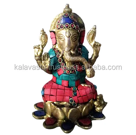 ARTVARKO Ganesha Statue Ganesh Idol Laiton avec Incrustation Travail pour la décoration de la maison Salon Bureau Murti Showpiece Temple Religieux