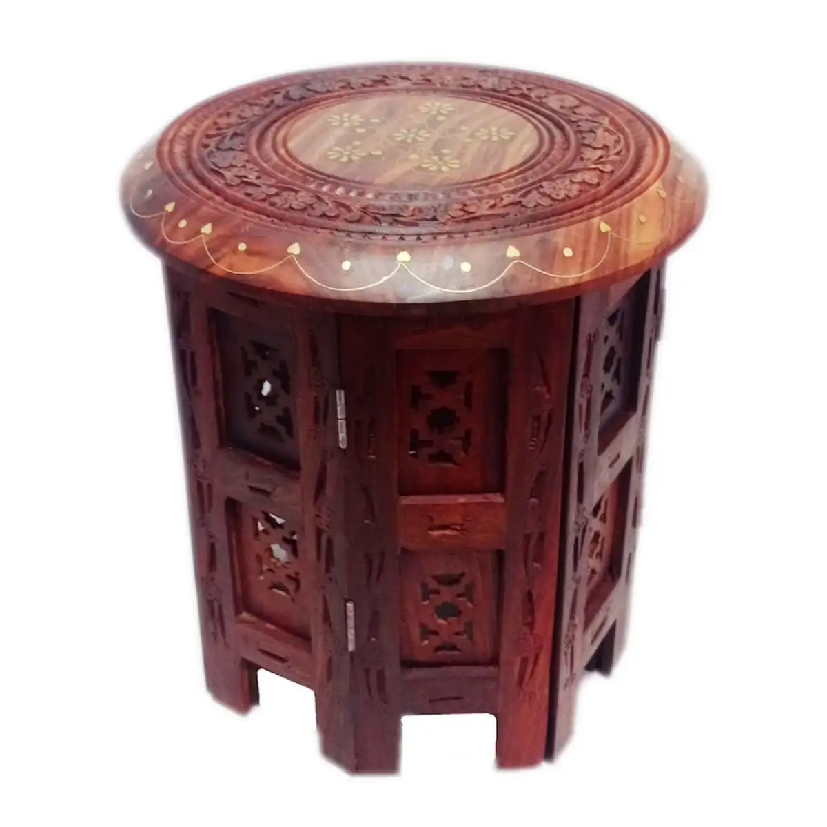 Sheesham Wood Brass Inlay Solid Wood Foldable Coffee Round Table