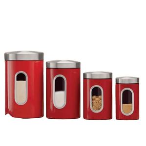 Juego versátil de 4 contenedores de almacenamiento de alimentos domésticos de metal Acabado rojo Organización de cocina perfecta para el hogar Solución elegante - Product Image 1