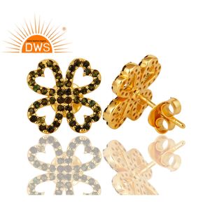 Pendientes de plata de primera ley con forma de flor para mujer, aretes pequeños, plata esterlina 925, estilo indio, turmalina verde, oro plateado - Product Image 3