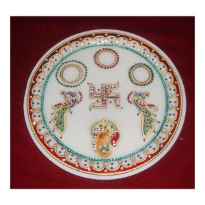 Decorative White Marble Gold <b>Painted</b> Pooja Thali For Decoration - Product Image 1