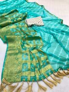 Jaigri — chemisier de travail en mousseline de soie, saree en soie, avec bordure en jacquard, cravate Leheriya n colorant avec glands en palette, sequin - Product Image 2