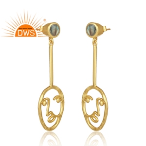 Beautiful Face Design Earrings Flashy Labradorite Gemstone Earrings Wholesale Gold Plated Silver Jewelry - Product Image 1