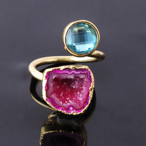 Wholesale High Quality Round Blue <b>Quartz</b> & Natural Geode Druzy Double Stone Adjustable <b>Ring</b> Gold Plated Statement Druzy <b>Rings</b> - Product Image 6