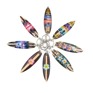 プロモーションハワイアン木製サーフボードキーホルダー10 cmトロピカルフラワー & サンセットデザインキーリングギフトお土産 - Product Image 1