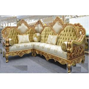 Sofá Esquinero en Forma de L con Tallado Antiguo, Sofá Esquinero de Madera de Teca Tallada para Sala de Estar, Sofá Esquinero en Forma de L para Sala de Estar - Product Image 1