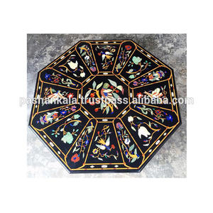 Haut de Table en pierre noire à incrustation florale, fait à la main, 5 pièces - Product Image 1