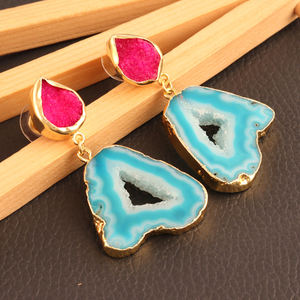 Bijoux en forme de tranche de géode naturelle et sucre rose Druzy, boucles d'oreilles en Double pierre plaquée or, clous suspendus, boucles d'oreilles pendantes, vente en gros - Product Image 6
