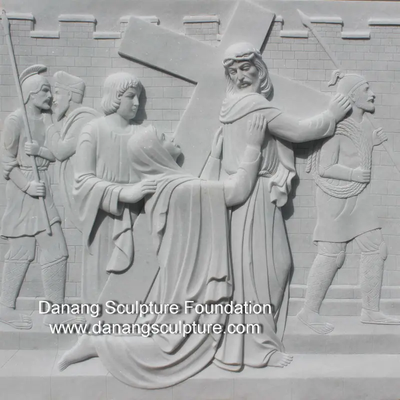 Patung Agama Yesus Marmer Putih, Grosir Membawa Salib Ukiran Tangan Batu Relief Patung Agama Katolik